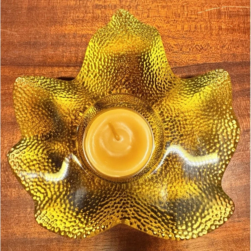 Amber Glass Leaf‎ Candle Holder MCM Style Textured Decor